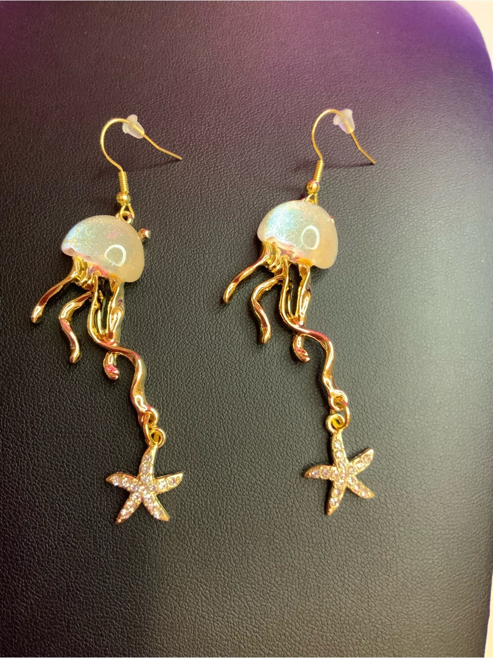 Gold tone Jellyfish & Starfish Earrings in Iridescent Color (Z-29)